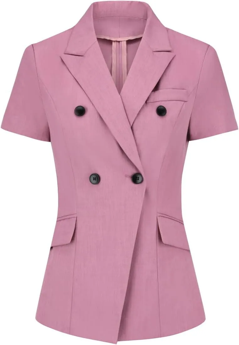 YYNUDA Women's Business Skirt Suit Set Formal Solid Short Sleeve Double Breasted Blazer Suit Set