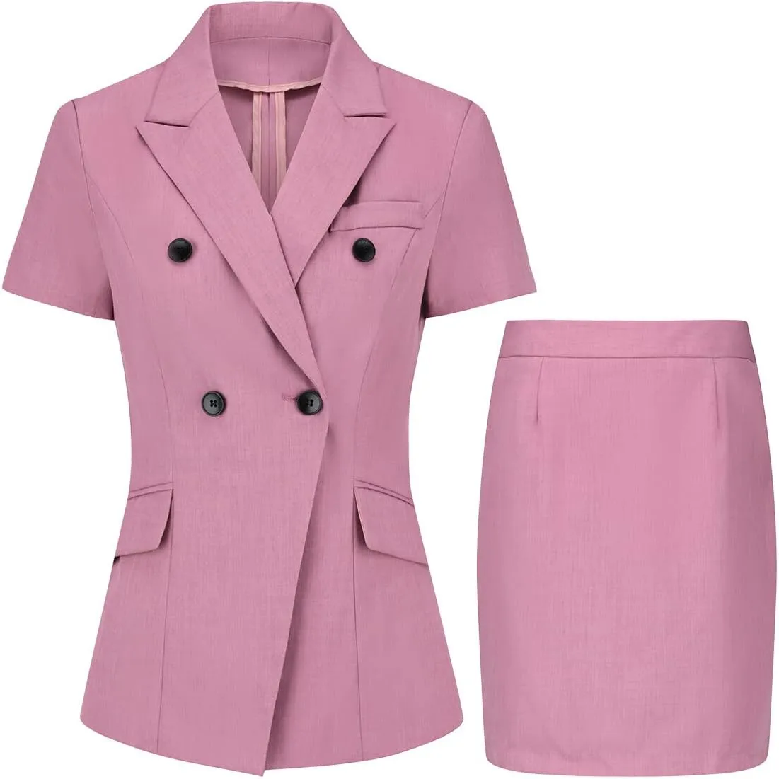 YYNUDA Women's Business Skirt Suit Set Formal Solid Short Sleeve Double Breasted Blazer Suit Set