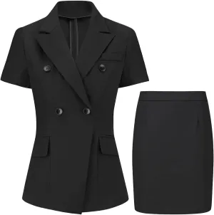 YYNUDA Women's Business Skirt Suit Set Formal Solid Short Sleeve Double Breasted Blazer Suit Set
