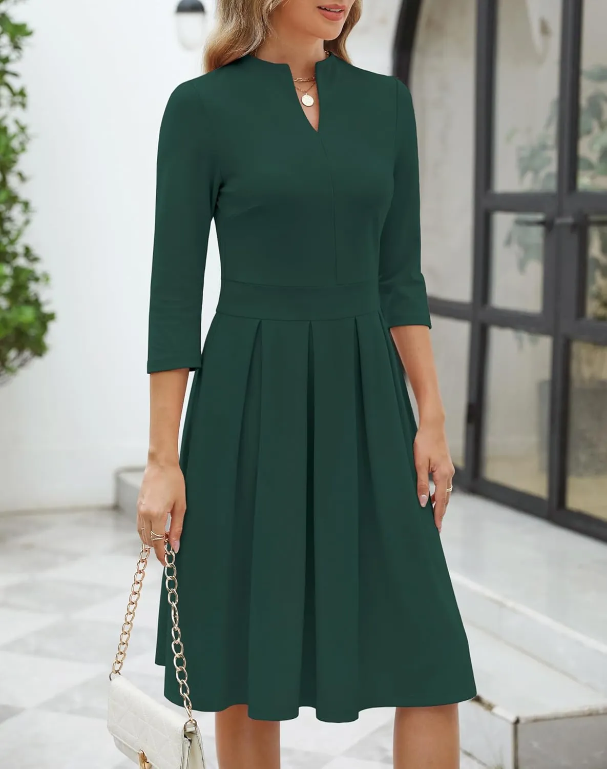 Zattcas Women 2025 Spring Summer Midi Dress Vneck 3/4 Sleeve Business Casual Work Teacher Church Knit Pleated A Line Dresses
