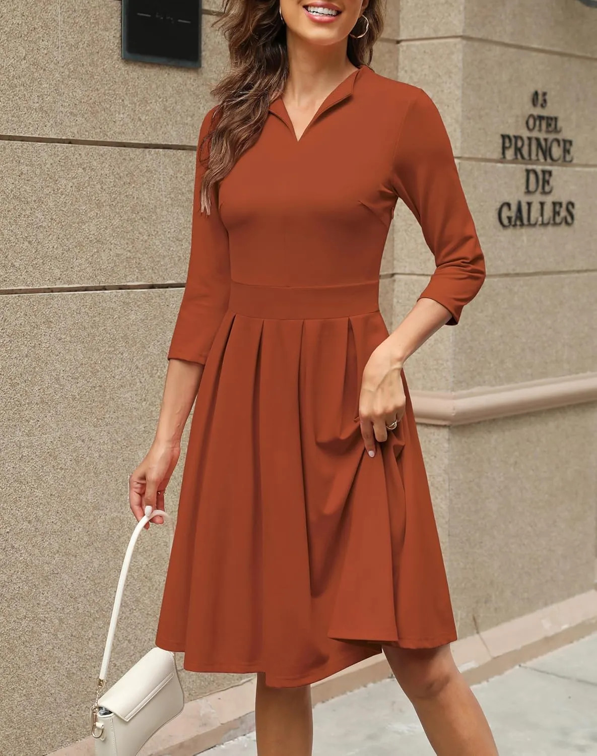 Zattcas Women 2025 Spring Summer Midi Dress Vneck 3/4 Sleeve Business Casual Work Teacher Church Knit Pleated A Line Dresses