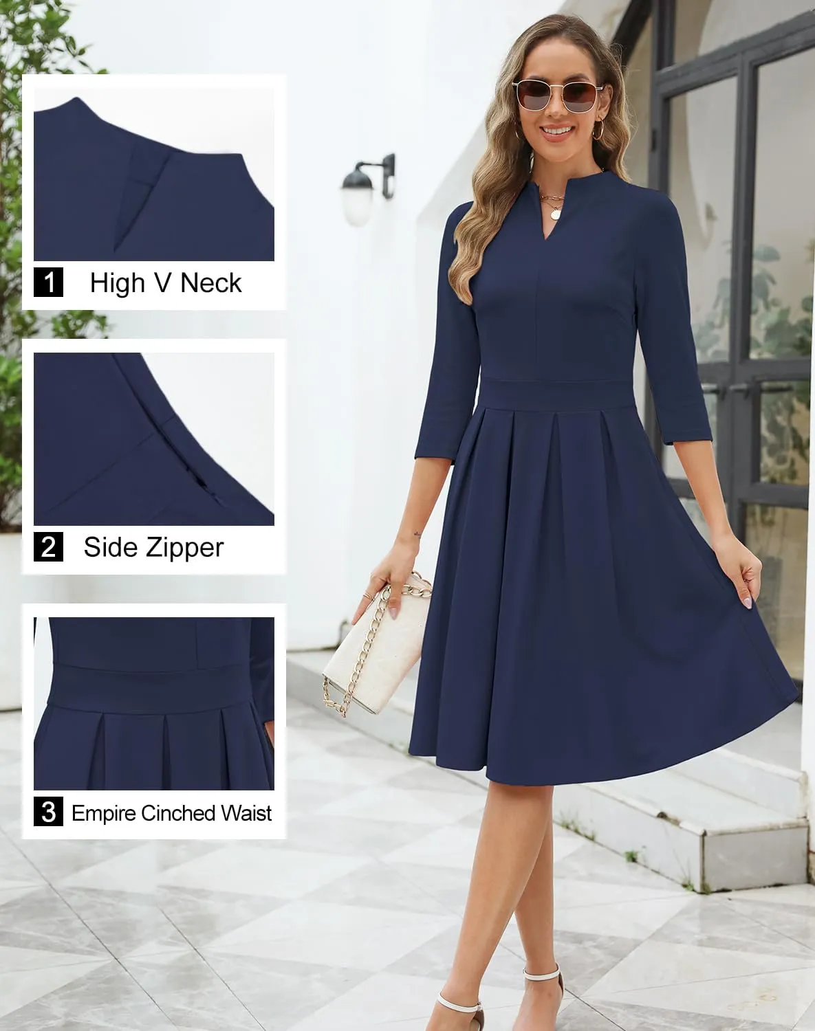 Zattcas Women 2025 Spring Summer Midi Dress Vneck 3/4 Sleeve Business Casual Work Teacher Church Knit Pleated A Line Dresses
