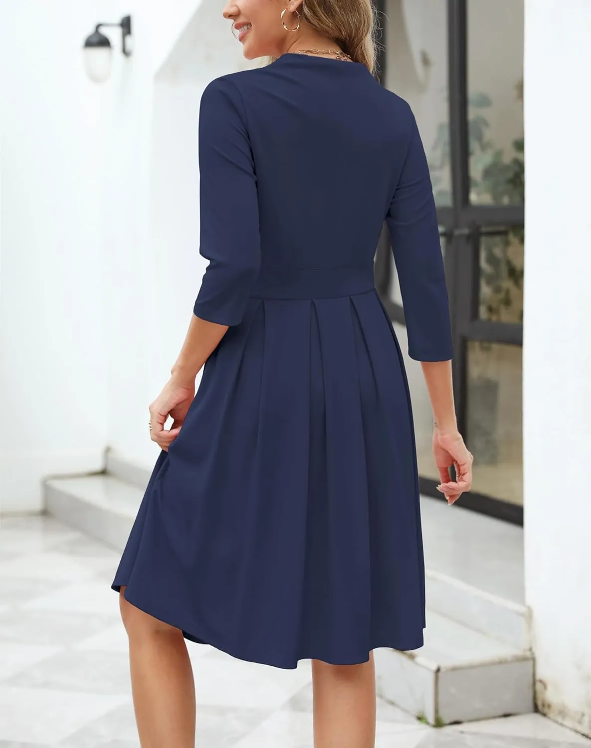 Zattcas Women 2025 Spring Summer Midi Dress Vneck 3/4 Sleeve Business Casual Work Teacher Church Knit Pleated A Line Dresses