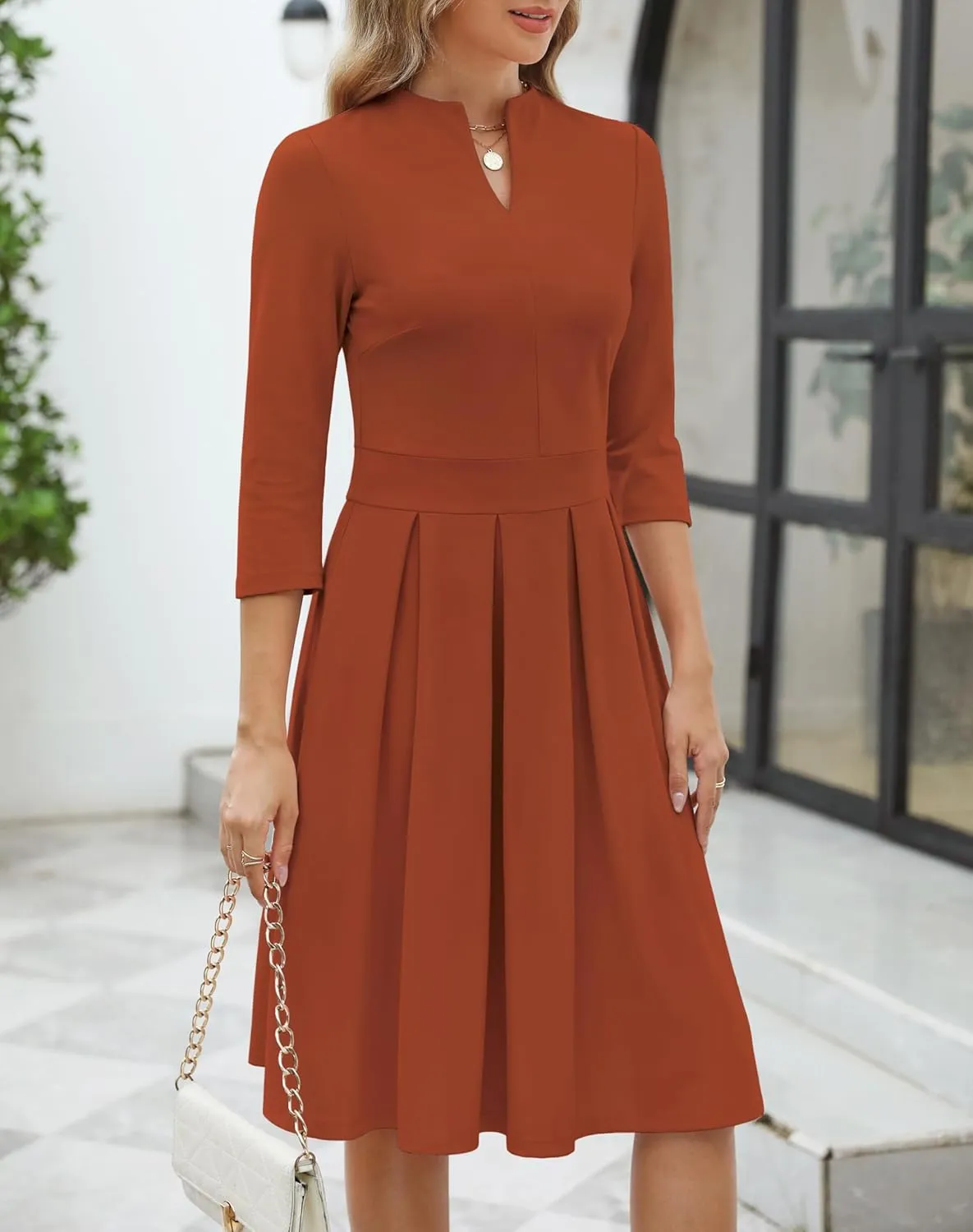 Zattcas Women 2025 Spring Summer Midi Dress Vneck 3/4 Sleeve Business Casual Work Teacher Church Knit Pleated A Line Dresses