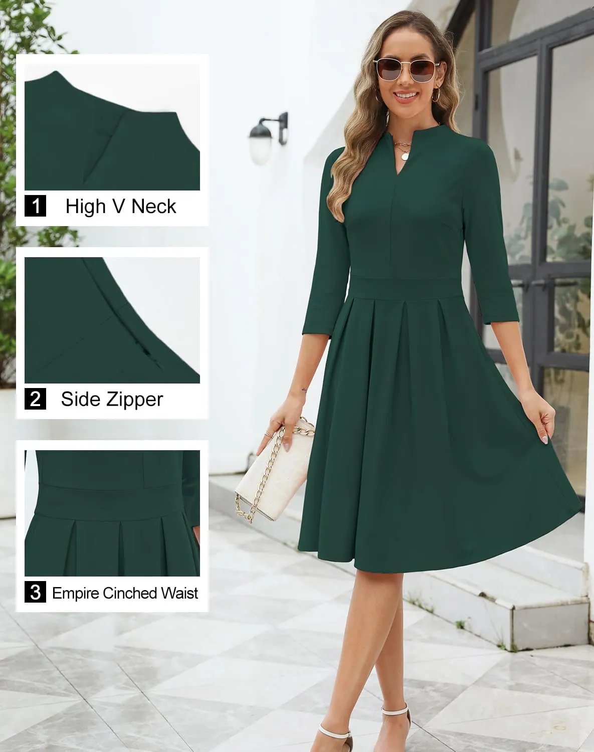 Zattcas Women 2025 Spring Summer Midi Dress Vneck 3/4 Sleeve Business Casual Work Teacher Church Knit Pleated A Line Dresses
