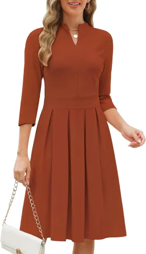 Zattcas Women 2025 Spring Summer Midi Dress Vneck 3/4 Sleeve Business Casual Work Teacher Church Knit Pleated A Line Dresses
