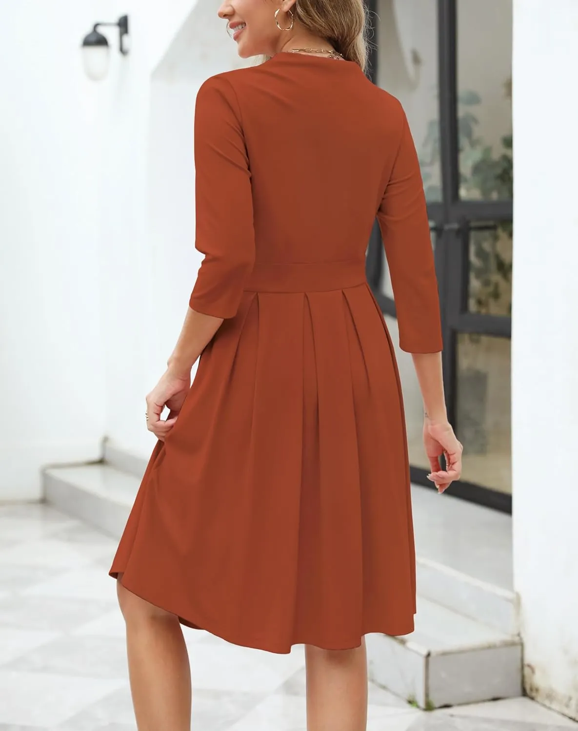 Zattcas Women 2025 Spring Summer Midi Dress Vneck 3/4 Sleeve Business Casual Work Teacher Church Knit Pleated A Line Dresses