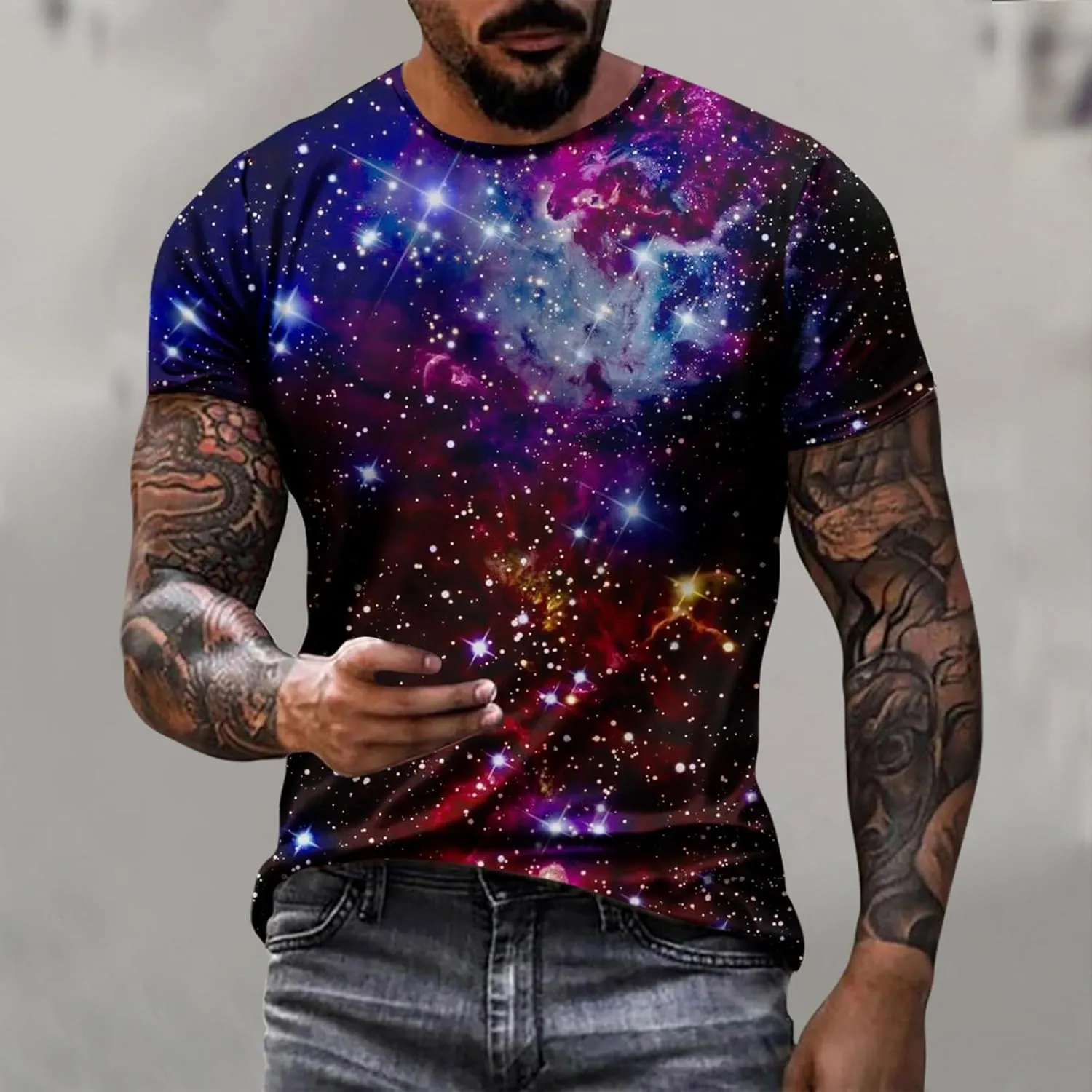 Zeiyignr Galaxy Shirt Men Space Universe Short Sleeve Nebula Tshirts 3D Tee Casual Crewneck Summer Tops Workout Muscle Shirts
