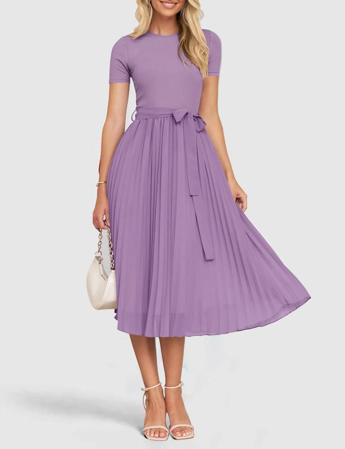 ZESICA Womens 2025 Summer Short Sleeve Midi Dresses Casual Crew Neck Knit Belted Pleated A Line Flowy Wedding Guest Dress