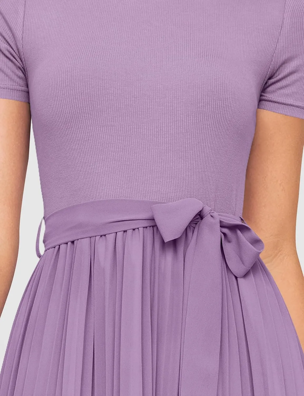 ZESICA Womens 2025 Summer Short Sleeve Midi Dresses Casual Crew Neck Knit Belted Pleated A Line Flowy Wedding Guest Dress
