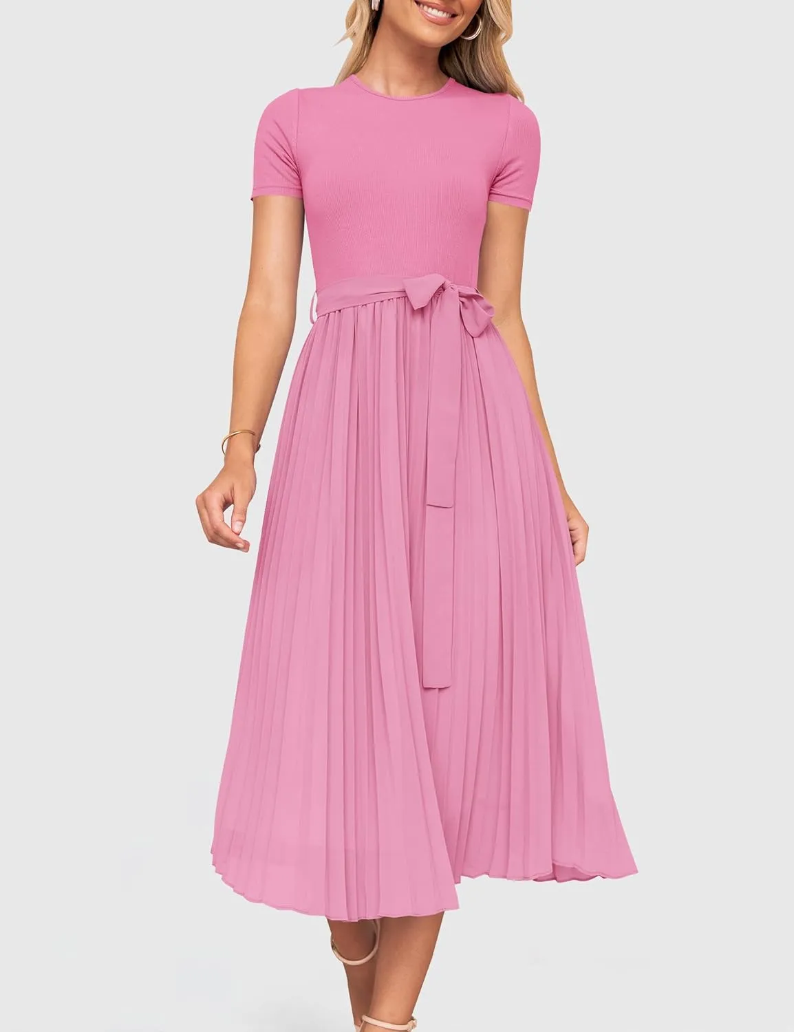 ZESICA Womens 2025 Summer Short Sleeve Midi Dresses Casual Crew Neck Knit Belted Pleated A Line Flowy Wedding Guest Dress