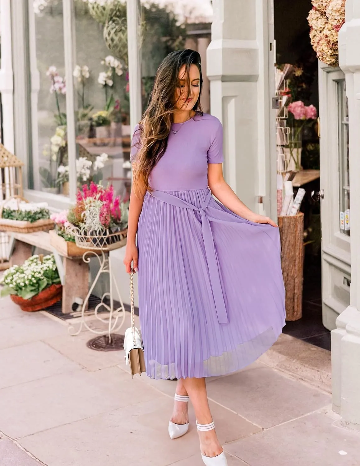 ZESICA Womens 2025 Summer Short Sleeve Midi Dresses Casual Crew Neck Knit Belted Pleated A Line Flowy Wedding Guest Dress