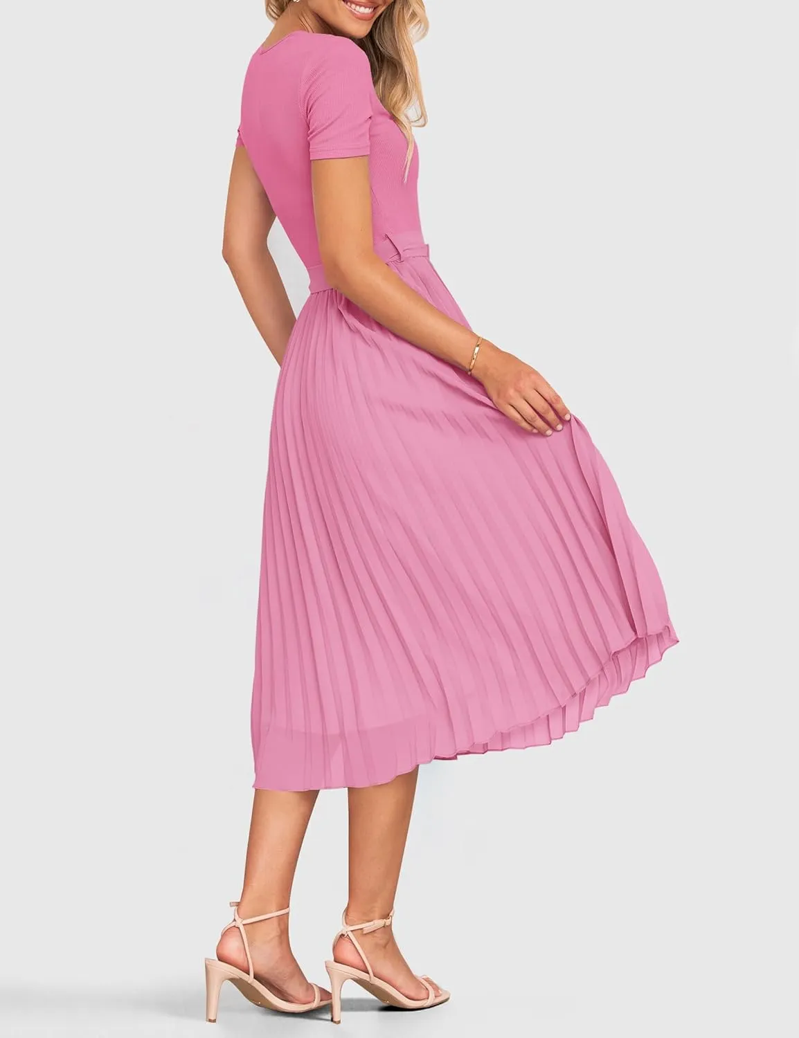 ZESICA Womens 2025 Summer Short Sleeve Midi Dresses Casual Crew Neck Knit Belted Pleated A Line Flowy Wedding Guest Dress