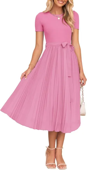 ZESICA Womens 2025 Summer Short Sleeve Midi Dresses Casual Crew Neck Knit Belted Pleated A Line Flowy Wedding Guest Dress