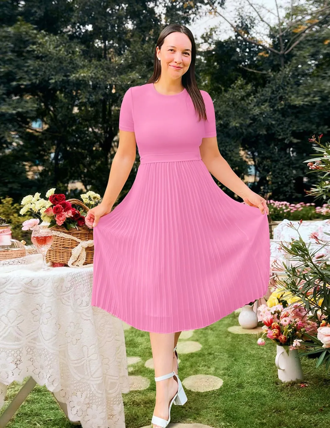 ZESICA Womens 2025 Summer Short Sleeve Midi Dresses Casual Crew Neck Knit Belted Pleated A Line Flowy Wedding Guest Dress