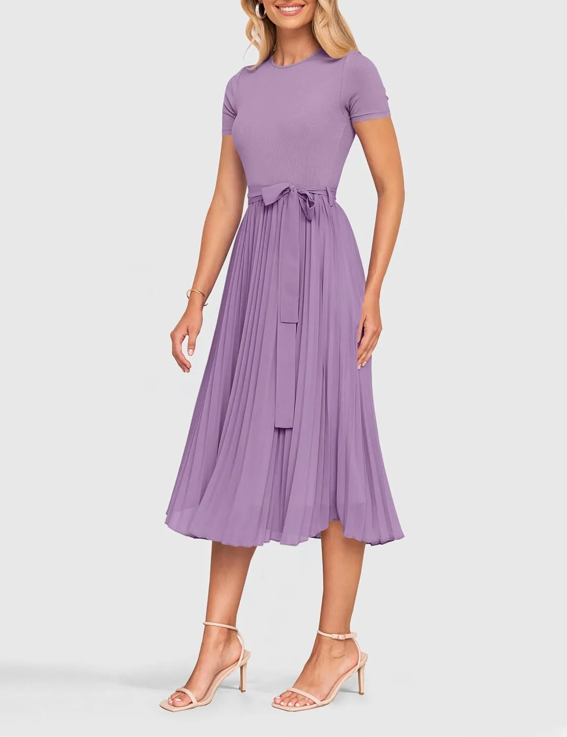 ZESICA Womens 2025 Summer Short Sleeve Midi Dresses Casual Crew Neck Knit Belted Pleated A Line Flowy Wedding Guest Dress