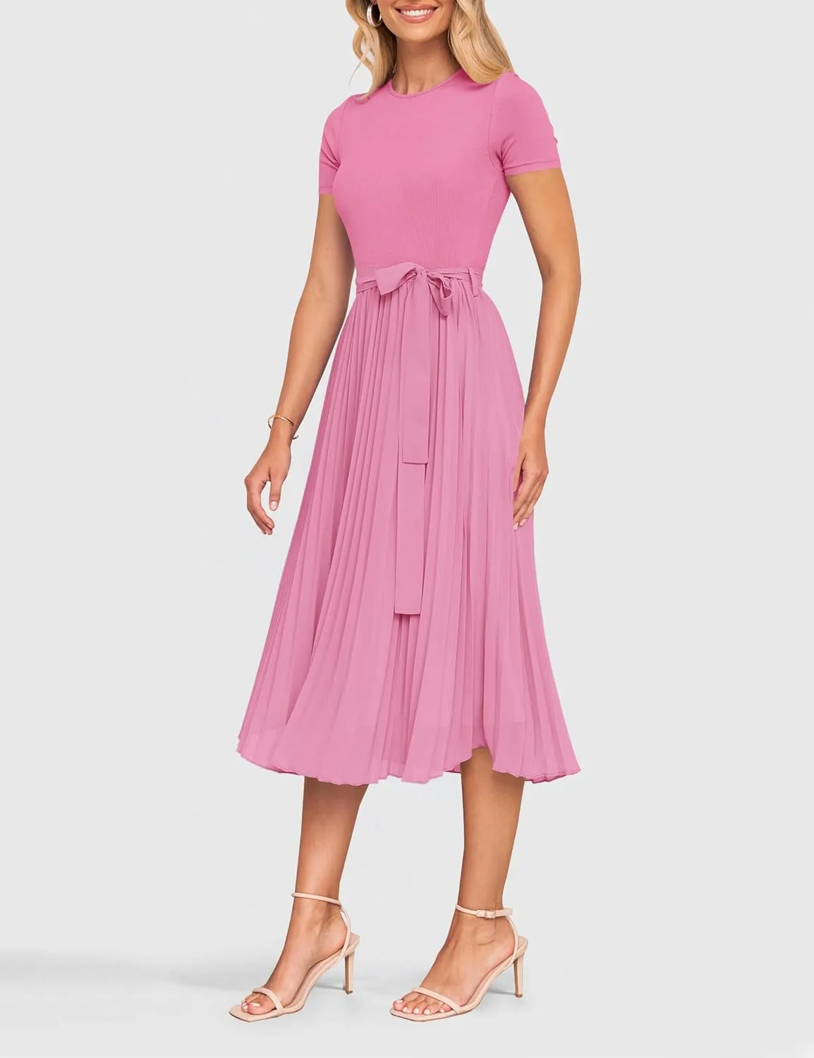 ZESICA Womens 2025 Summer Short Sleeve Midi Dresses Casual Crew Neck Knit Belted Pleated A Line Flowy Wedding Guest Dress