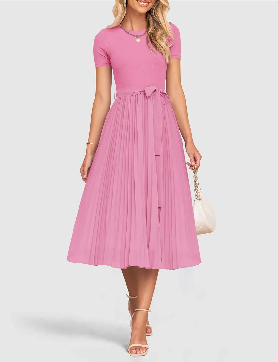 ZESICA Womens 2025 Summer Short Sleeve Midi Dresses Casual Crew Neck Knit Belted Pleated A Line Flowy Wedding Guest Dress