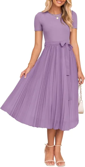 ZESICA Womens 2025 Summer Short Sleeve Midi Dresses Casual Crew Neck Knit Belted Pleated A Line Flowy Wedding Guest Dress