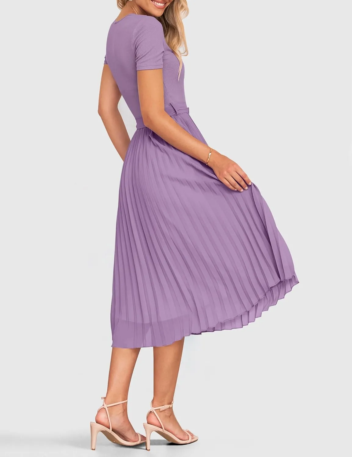 ZESICA Womens 2025 Summer Short Sleeve Midi Dresses Casual Crew Neck Knit Belted Pleated A Line Flowy Wedding Guest Dress