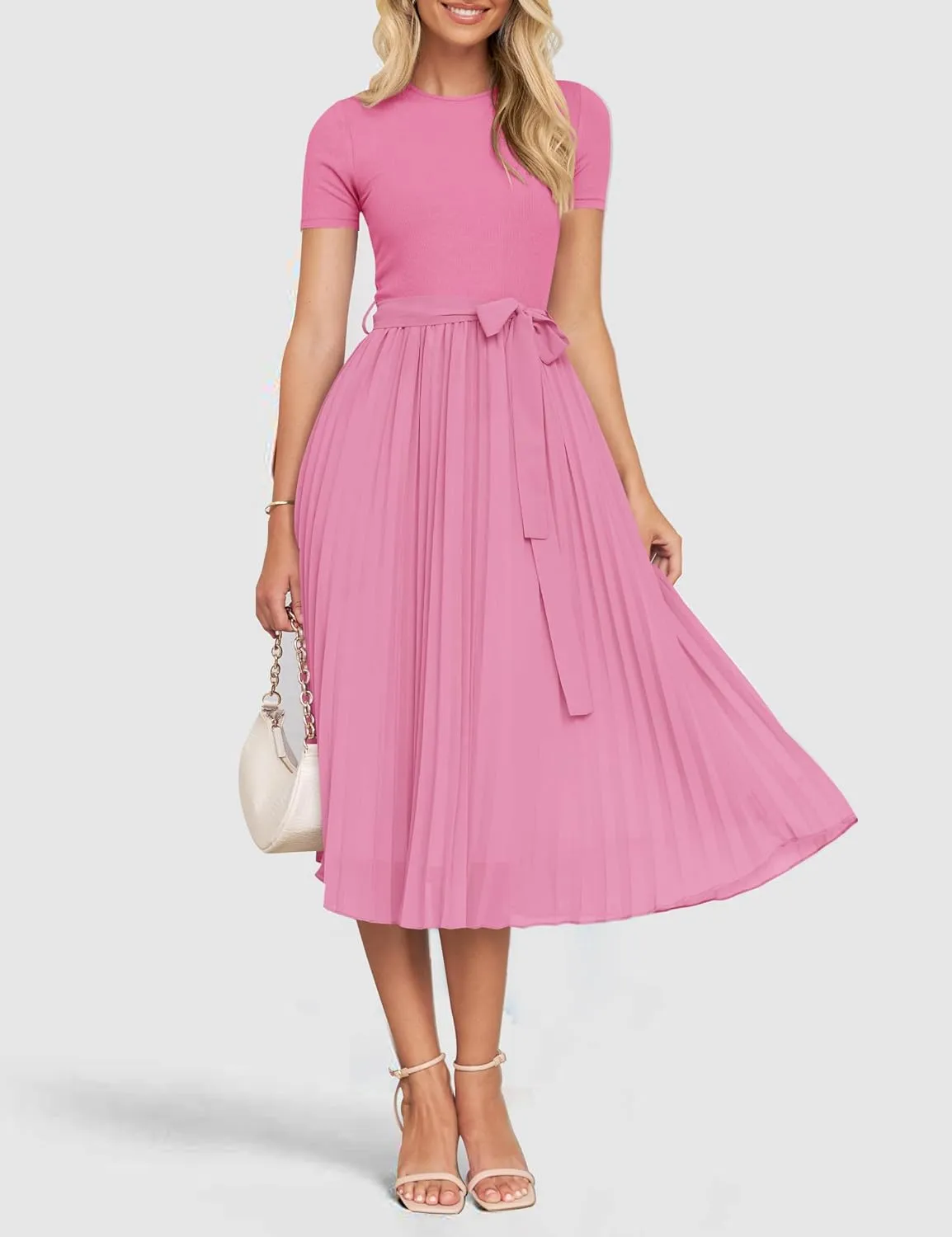 ZESICA Womens 2025 Summer Short Sleeve Midi Dresses Casual Crew Neck Knit Belted Pleated A Line Flowy Wedding Guest Dress
