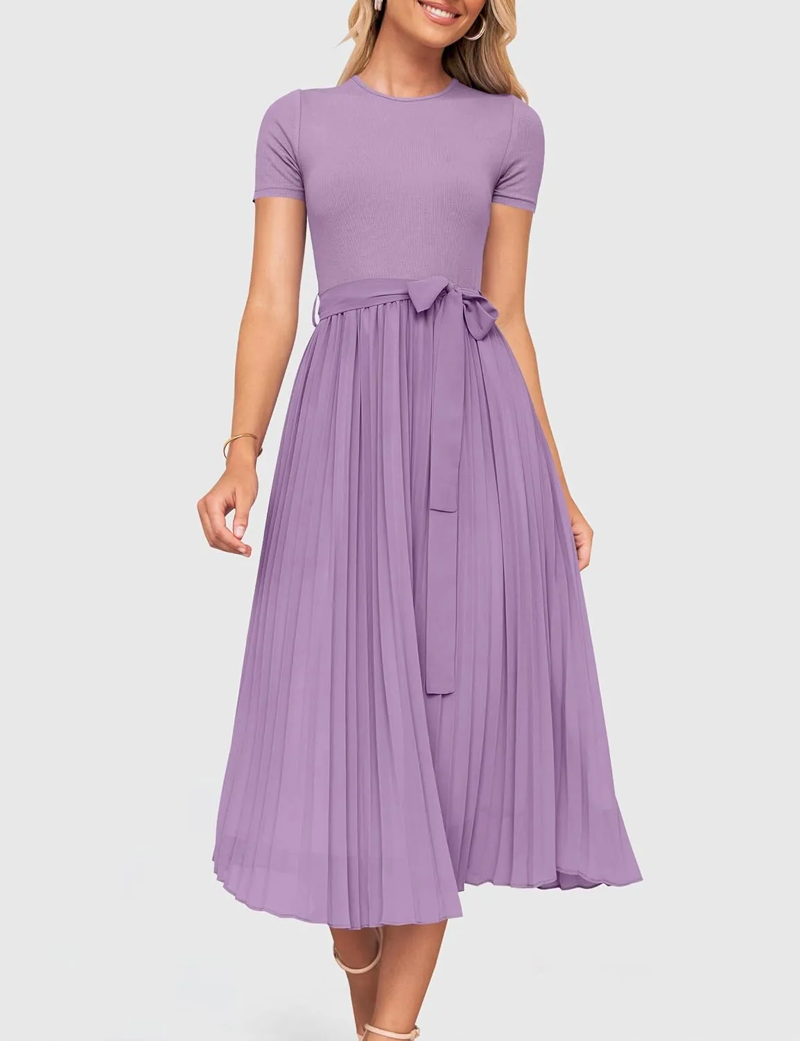 ZESICA Womens 2025 Summer Short Sleeve Midi Dresses Casual Crew Neck Knit Belted Pleated A Line Flowy Wedding Guest Dress